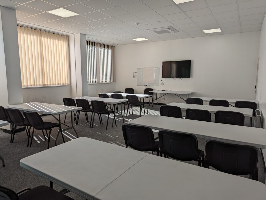 Modern training room at Waffle21 in Beverley, East Yorkshire, with flexible seating, high-speed Wi-Fi, and presentation facilities